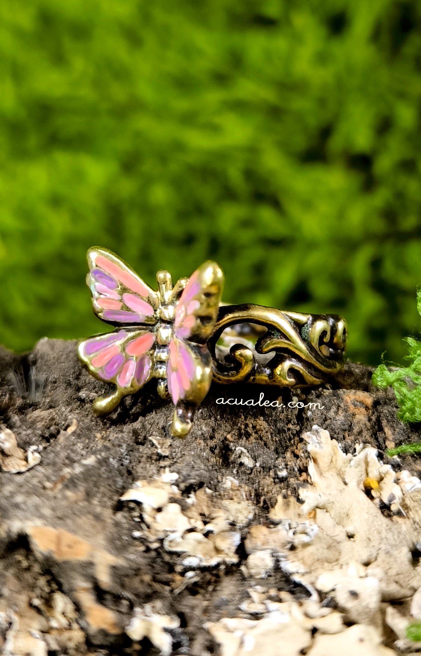 Titania Butterfly Ring, brass, painted in Pink & Purple (OOAK)