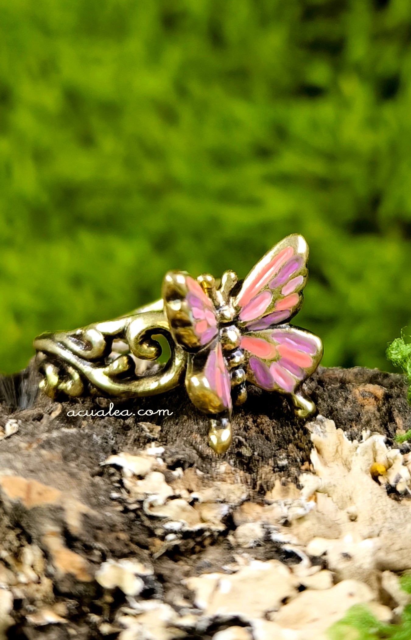 Titania Butterfly Ring, brass, painted in Pink & Purple (OOAK)