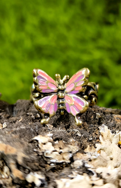 Titania Butterfly Ring, brass, painted in Pink & Purple (OOAK)