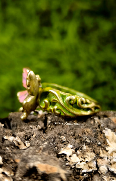 Titania Butterfly Ring, brass, painted in Pink & Green (OOAK)