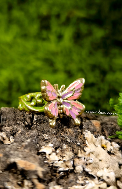 Titania Butterfly Ring, brass, painted in Pink & Green (OOAK)