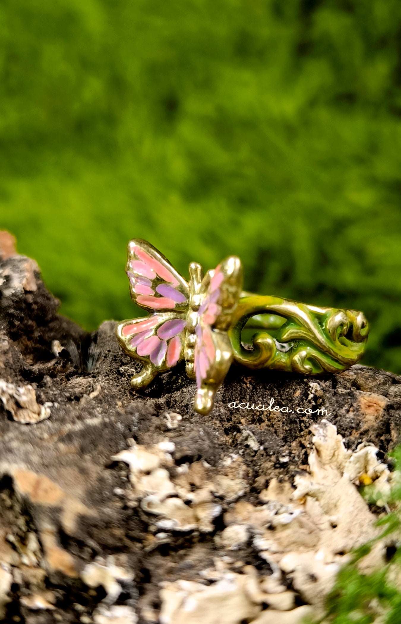 Titania Butterfly Ring, brass, painted in Pink & Green (OOAK)