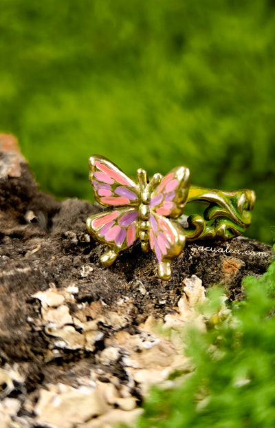 Titania Butterfly Ring, brass, painted in Pink & Green (OOAK)