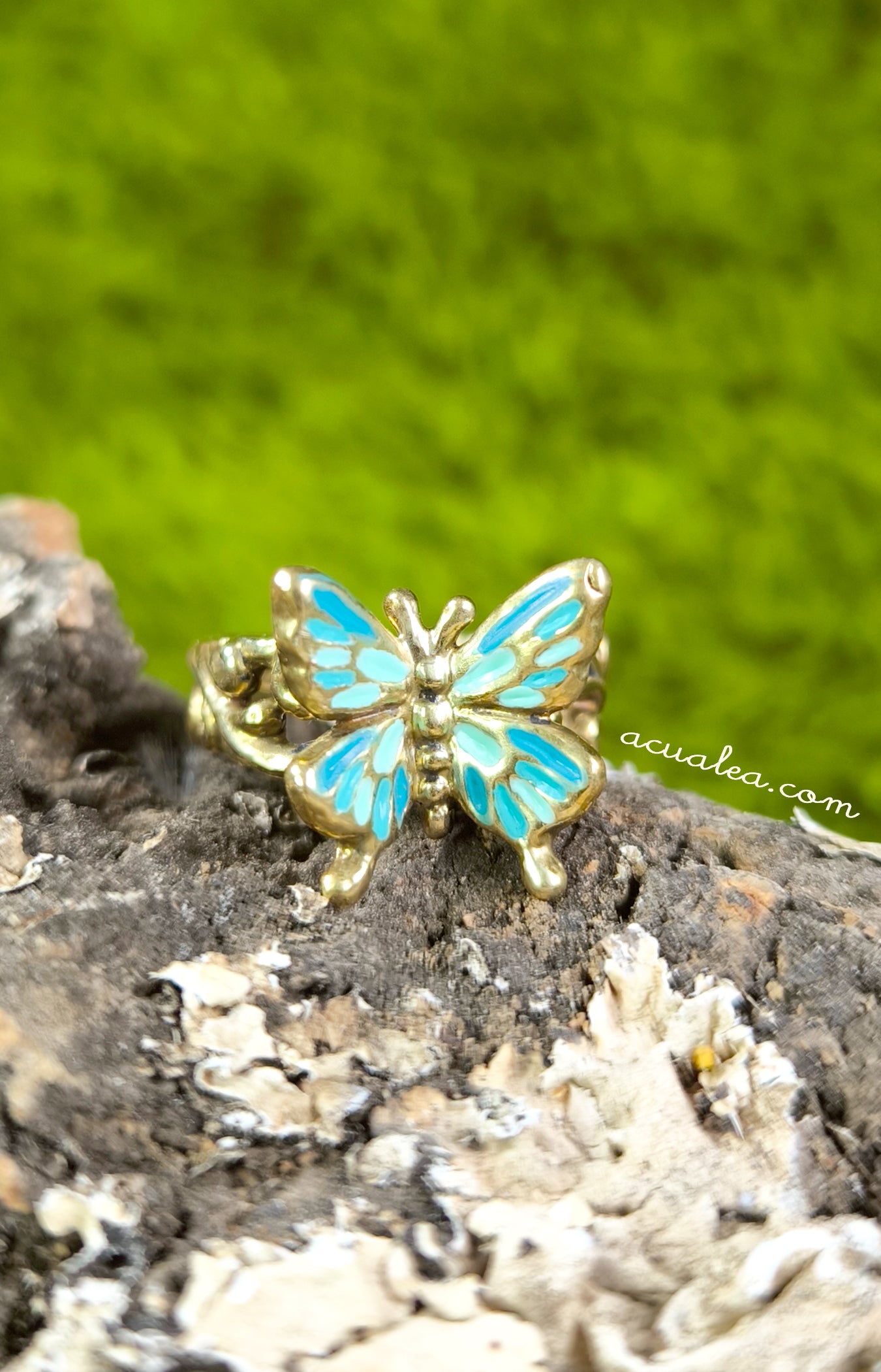 Titania Butterfly Ring, brass, painted in turquoise (OOAK)