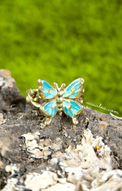 Titania Butterfly Ring, brass, painted in turquoise (OOAK)
