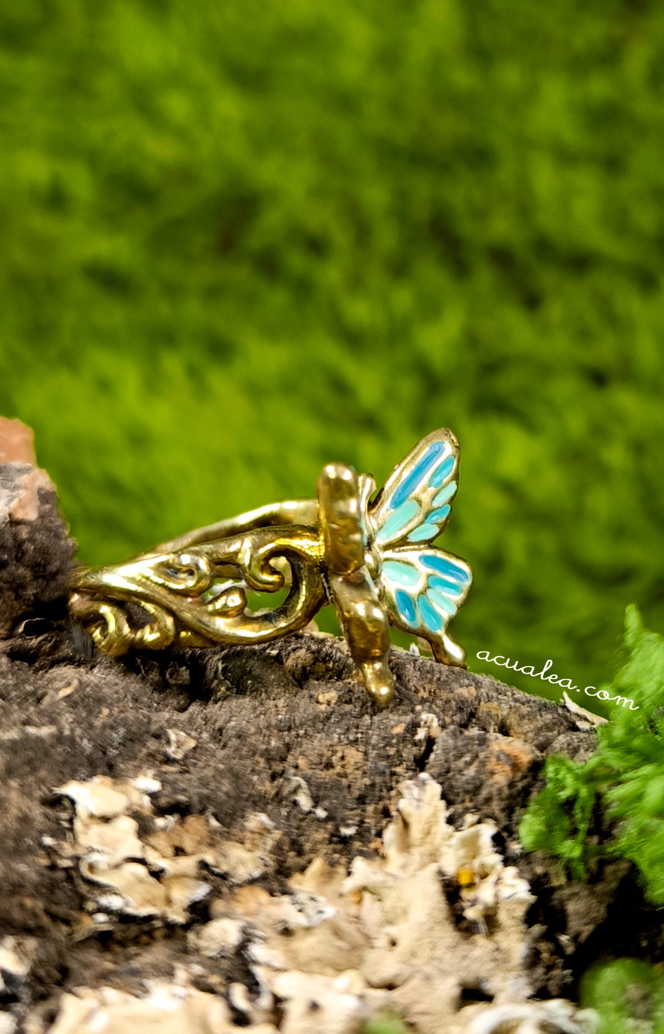 Titania Butterfly Ring, brass, painted in turquoise (OOAK)