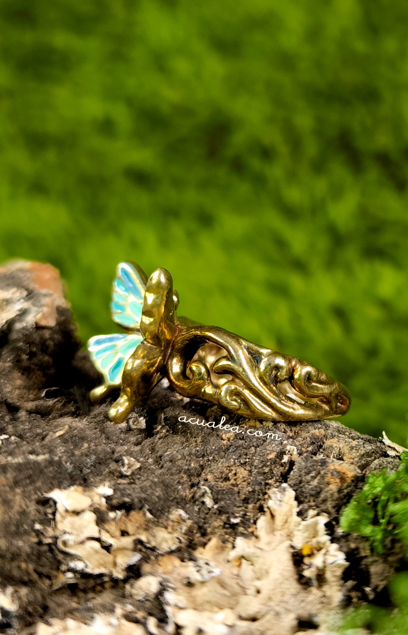 Titania Butterfly Ring, brass, painted in turquoise (OOAK)