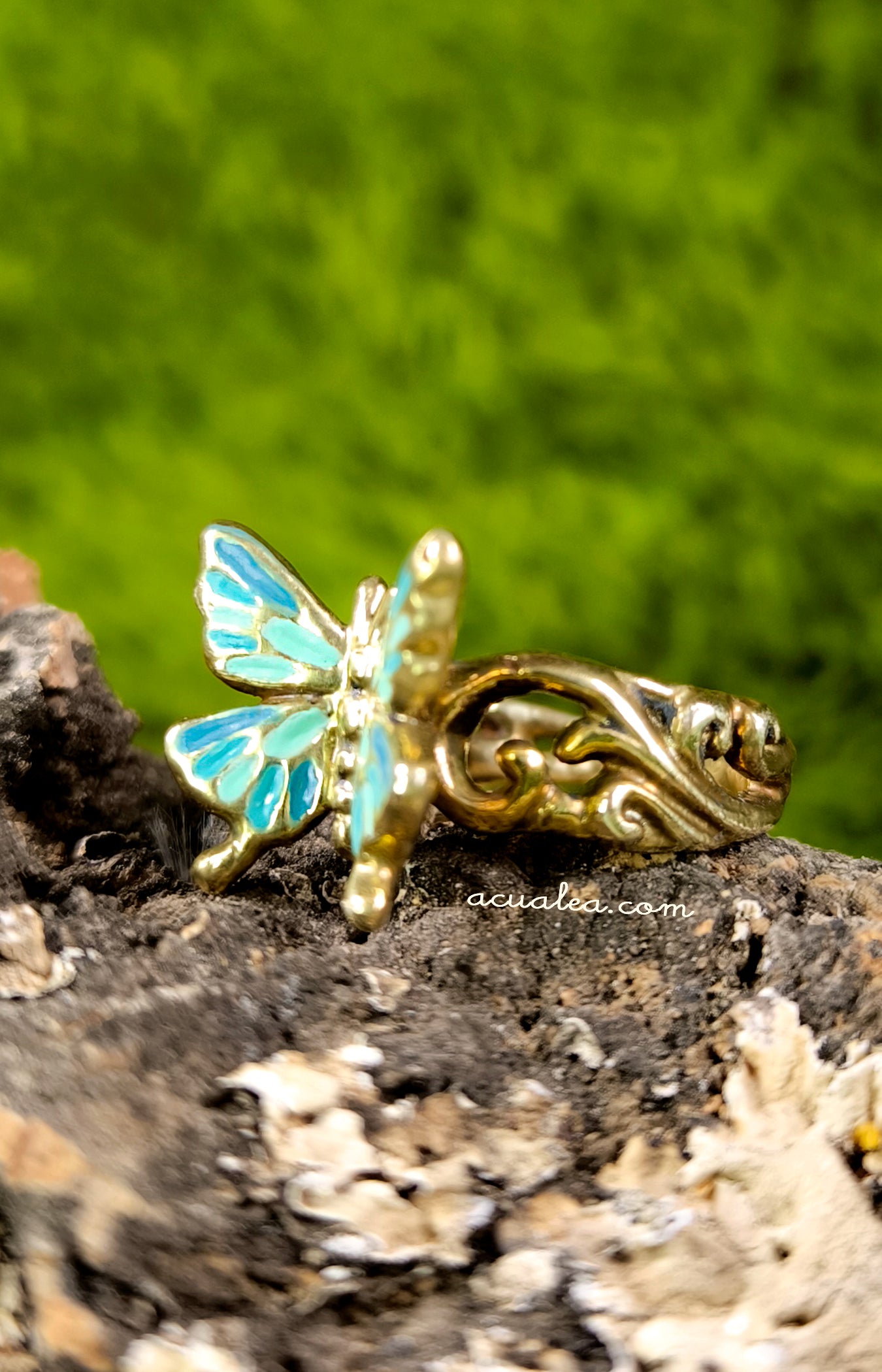 Titania Butterfly Ring, brass, painted in turquoise (OOAK)