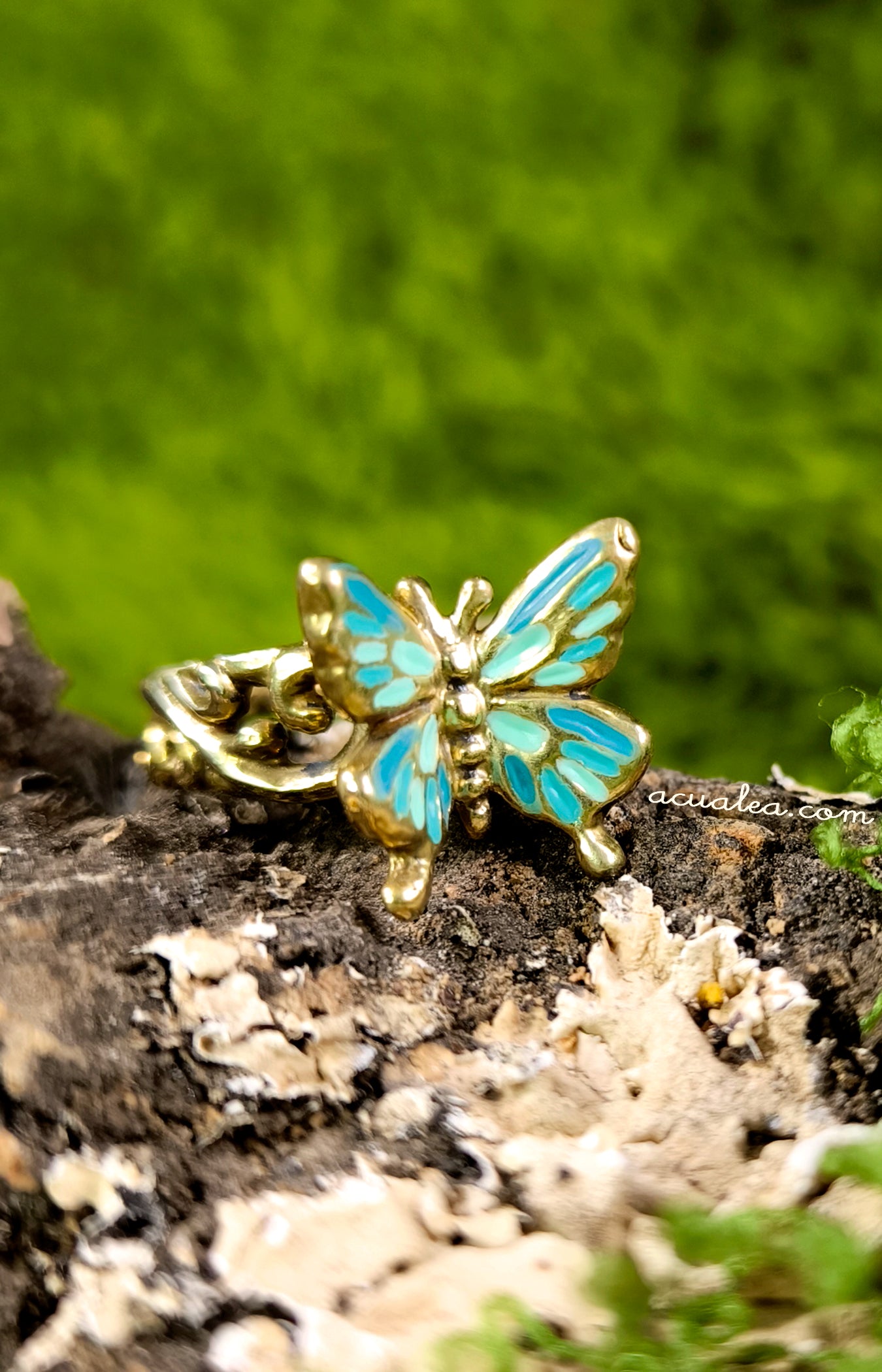 Titania Butterfly Ring, brass, painted in turquoise (OOAK)