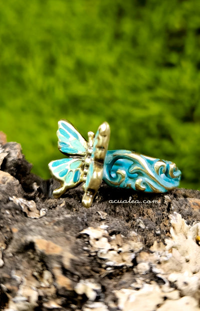 Titania Butterfly Ring, brass, full painted in turquoise (OOAK)