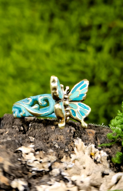 Titania Butterfly Ring, brass, full painted in turquoise (OOAK)