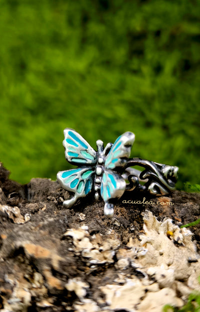 Titania Butterfly Ring, Sterling Silver 925 painted in turquoise (OOAK)