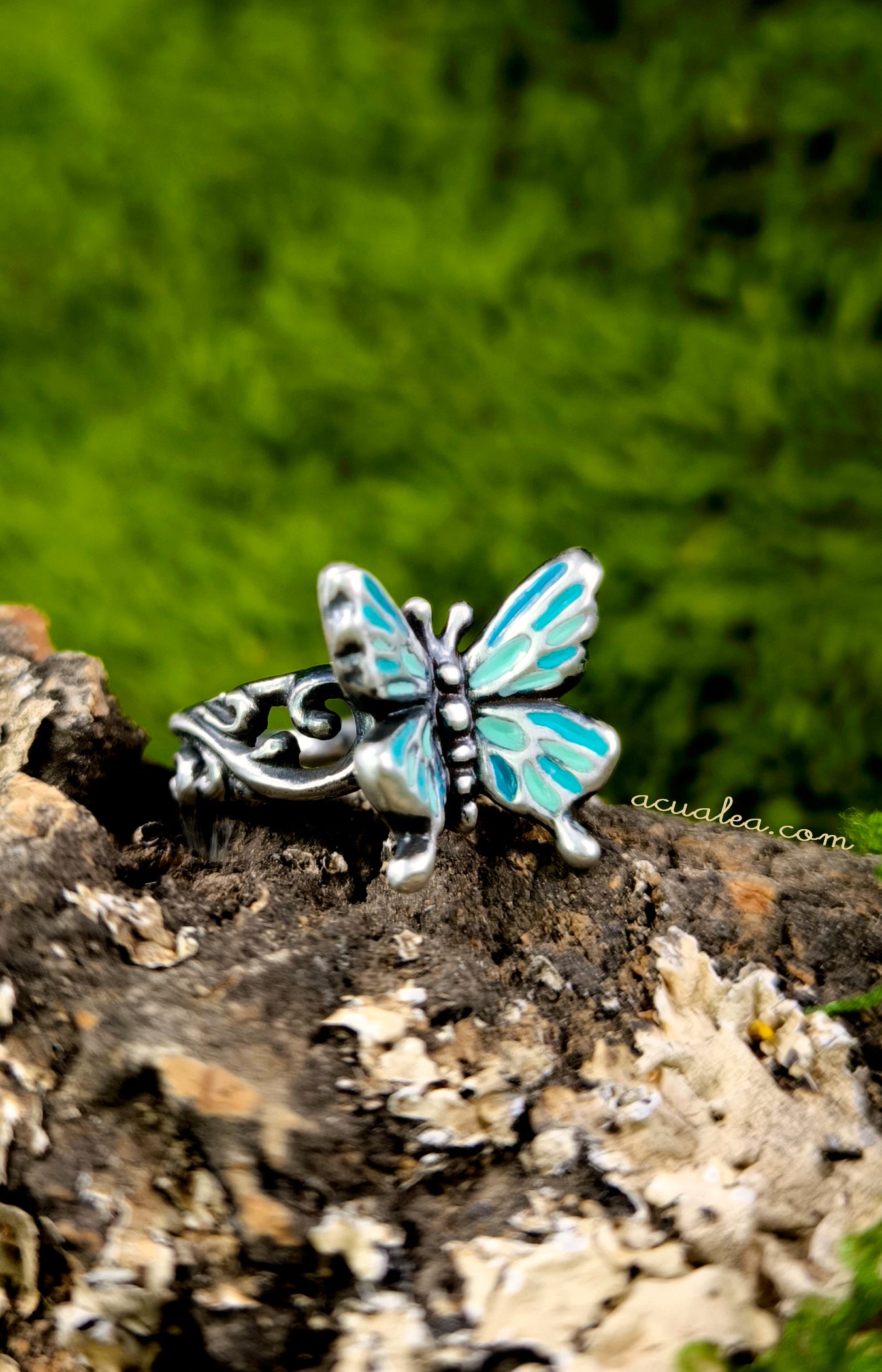 Titania Butterfly Ring, Sterling Silver 925 painted in turquoise (OOAK)