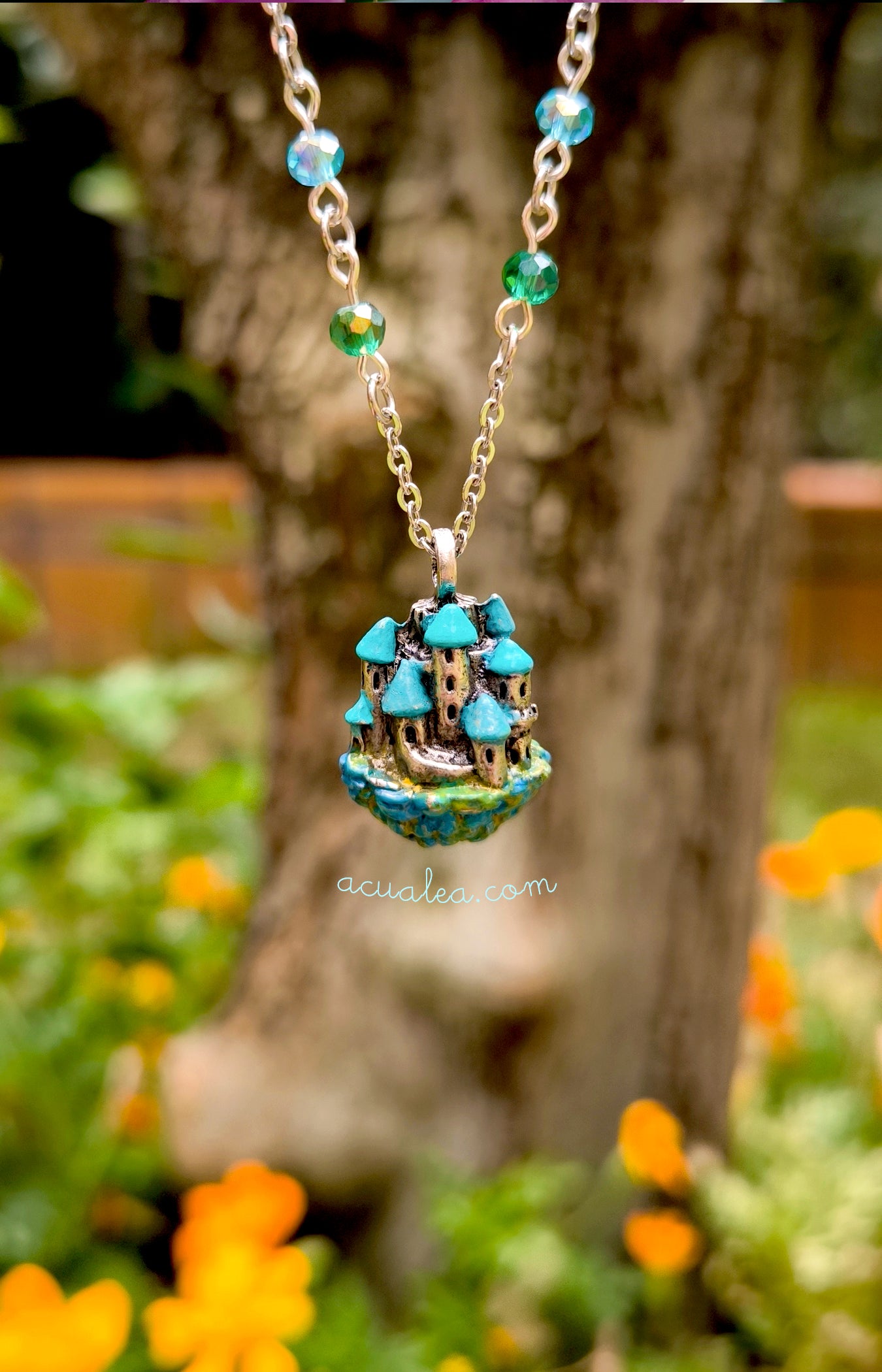 Winterlight Castle Necklace · Miniature Fairy Castle in Blue & Silver