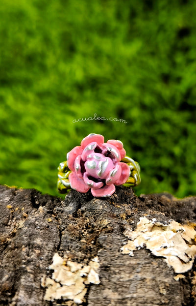 Titania Flower Ring, Sterling Silver 925, hand-painted in pink and green – OOAK