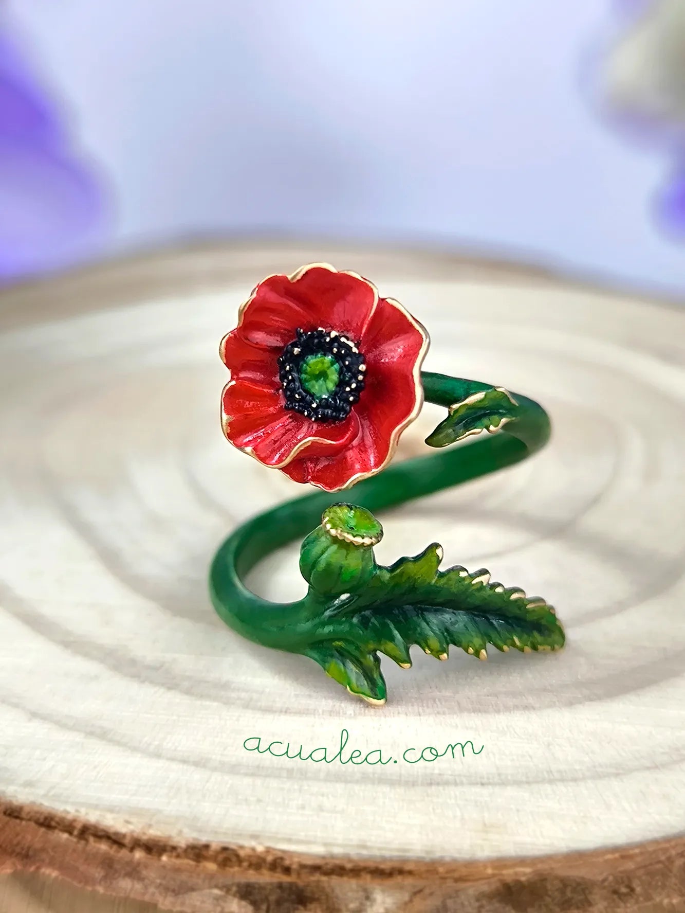 Red Poppy Adjustable Ring · Hand-painted · nature-inspired bronze jewe ...