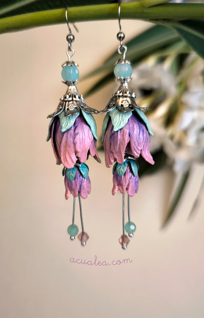 Pendientes de pétalos de hada, doble flor, color lila-rosa