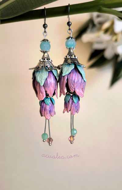 Pendientes de pétalos de hada, doble flor, color lila-rosa