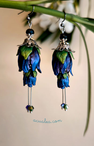Pendientes de pétalos de hada Doble flor, Azul oscuro