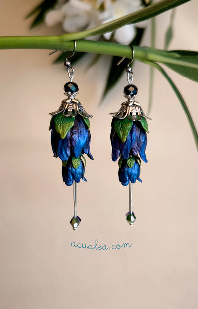 Pendientes de pétalos de hada Doble flor, Azul oscuro